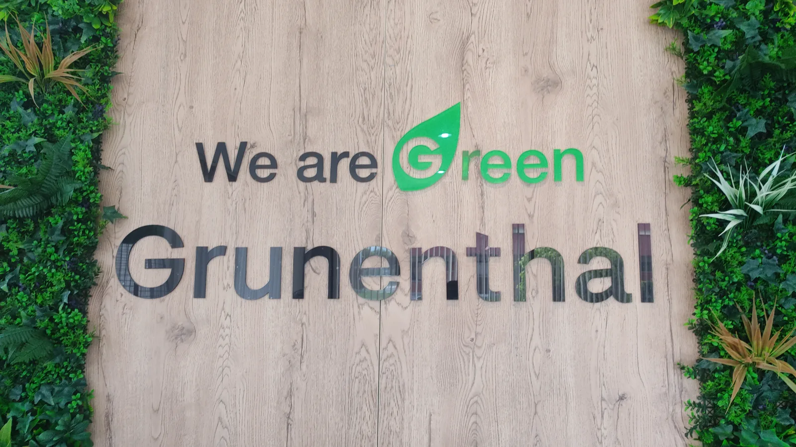 Recepción de Grünenthal con muro verde e identidad de marca "We are Green Grünenthal"